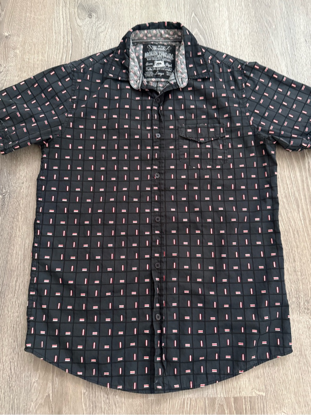 Broken Threads Modern Grid-Print Short Sleeve Shirt - Black with Red Accents